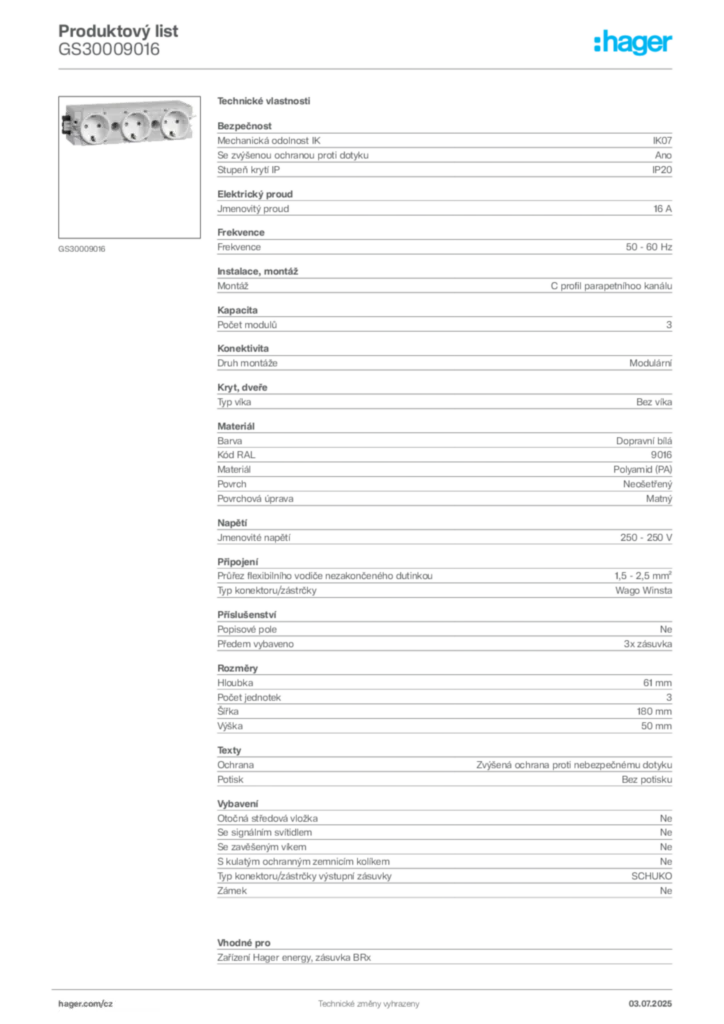 Obrázek Hager Produktový list GS30009016 | Hager