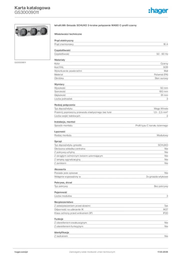 Zdjęcie Hager Karta katalogowa GS30009011 | Hager Polska