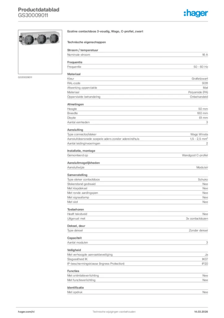 Afbeelding Hager Productdatablad GS30009011 | Hager Nederland