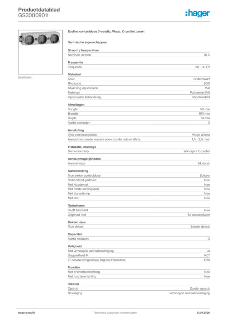 Afbeelding Hager Productdatablad GS30009011 | Hager Nederland