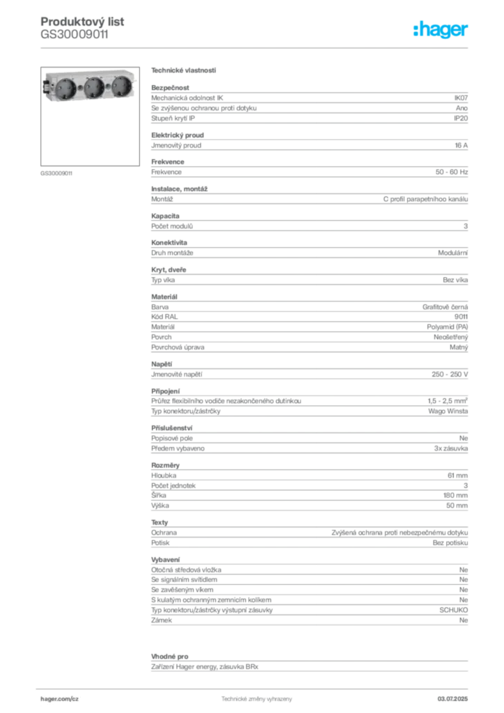 Obrázek Hager Produktový list GS30009011 | Hager