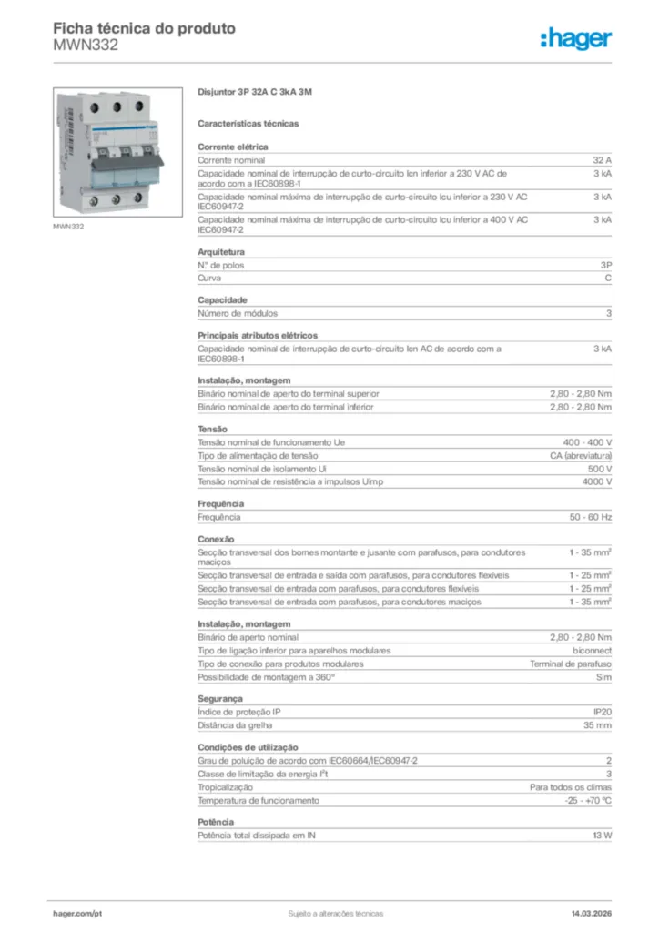 Imagem Hager Ficha técnica do produto MWN332 | Hager Portugal