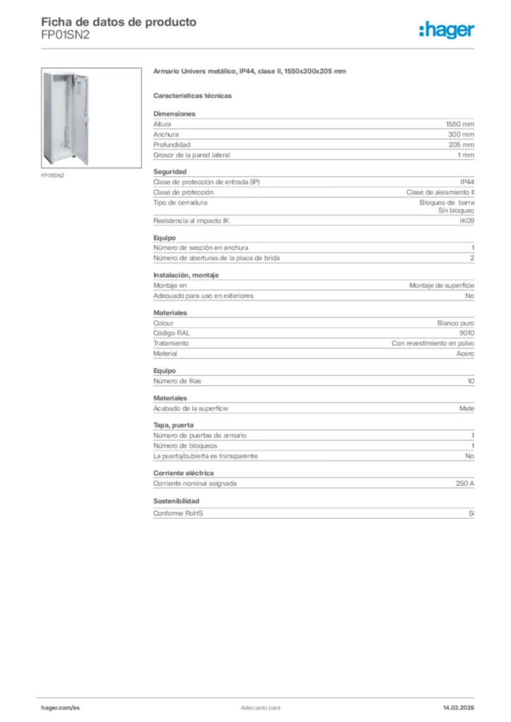 Imagen Hager Ficha de datos de producto FP01SN2 | Hager España
