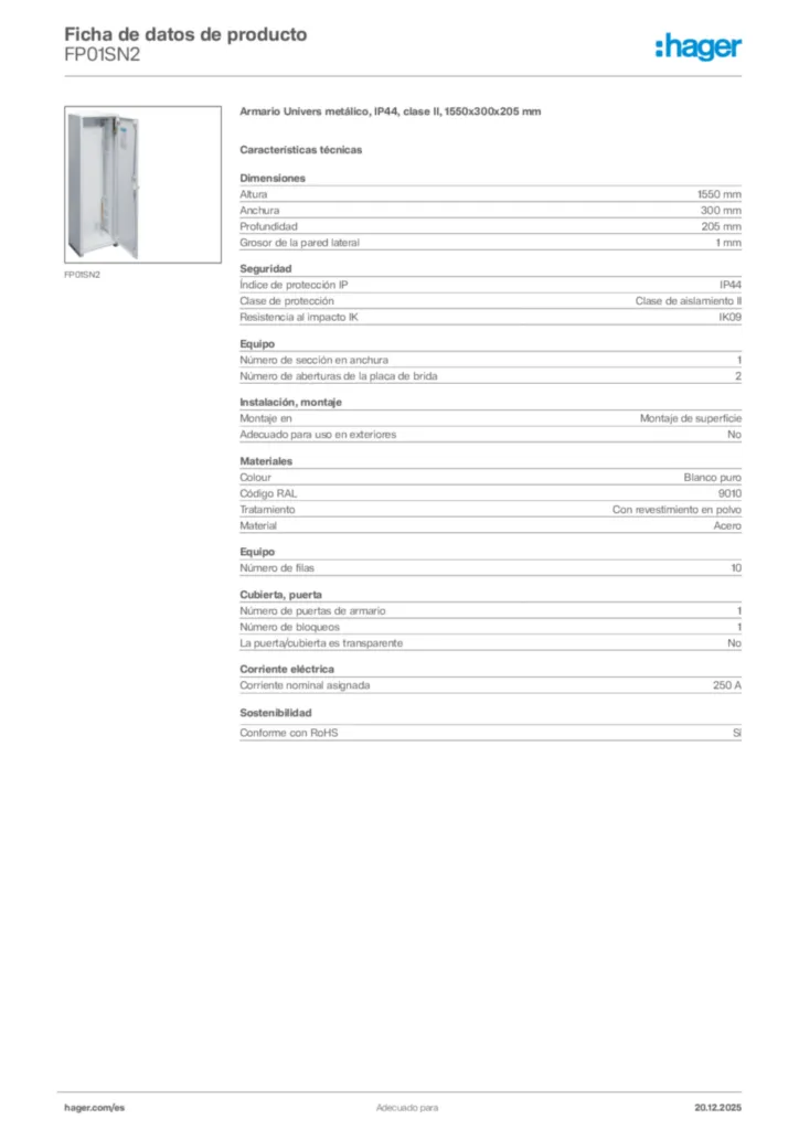 Imagen Hager Ficha de datos de producto FP01SN2 | Hager España