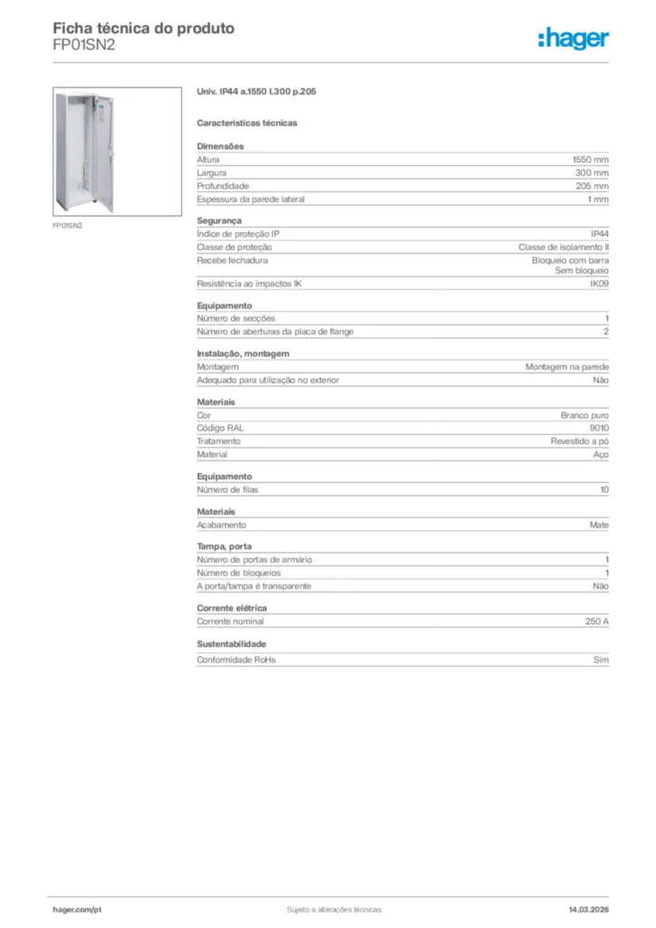 Imagem Hager Ficha técnica do produto FP01SN2 | Hager Portugal