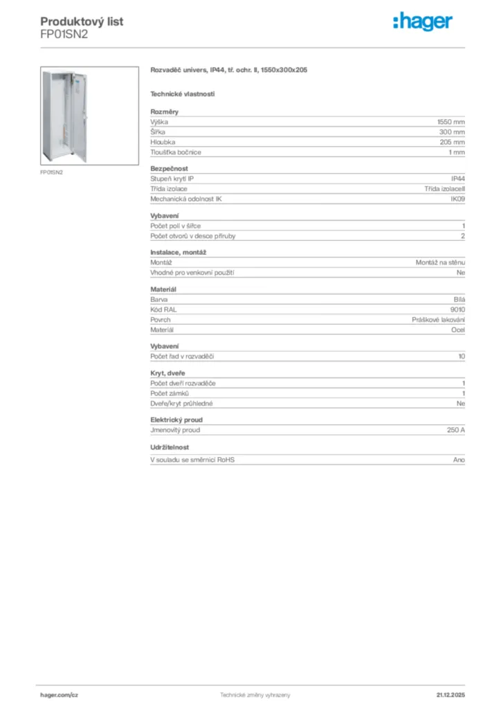 Obrázek Hager Produktový list FP01SN2 | Hager