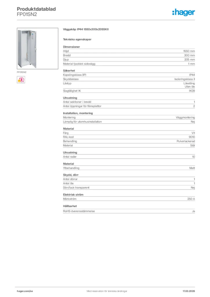 Bild Hager Produktdatablad FP01SN2 | Hager Sverige