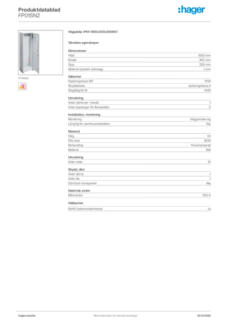 Bild Hager Produktdatablad FP01SN2 | Hager Sverige