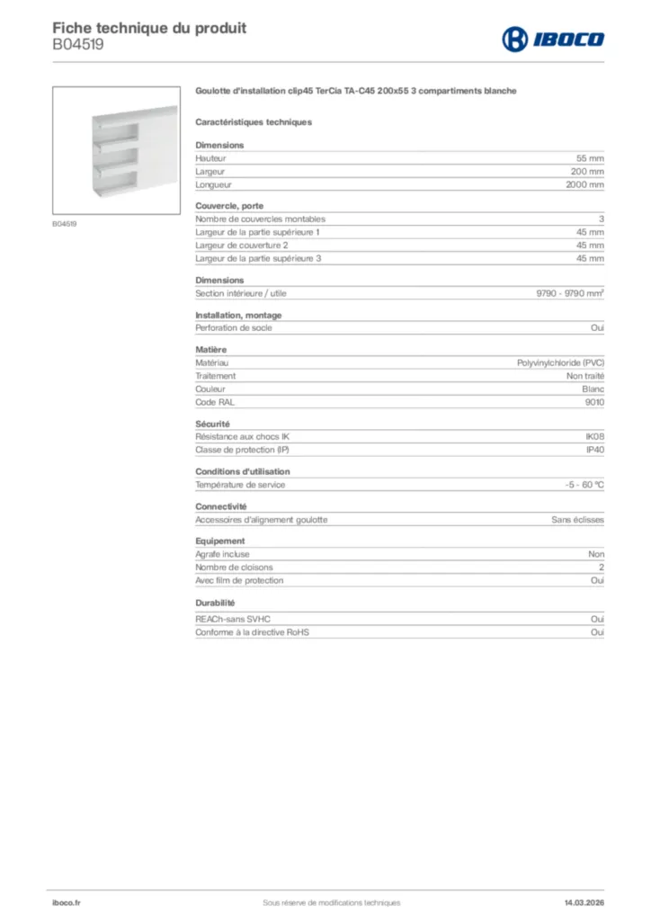 Image Iboco Fiche technique du produit B04519 | Hager France