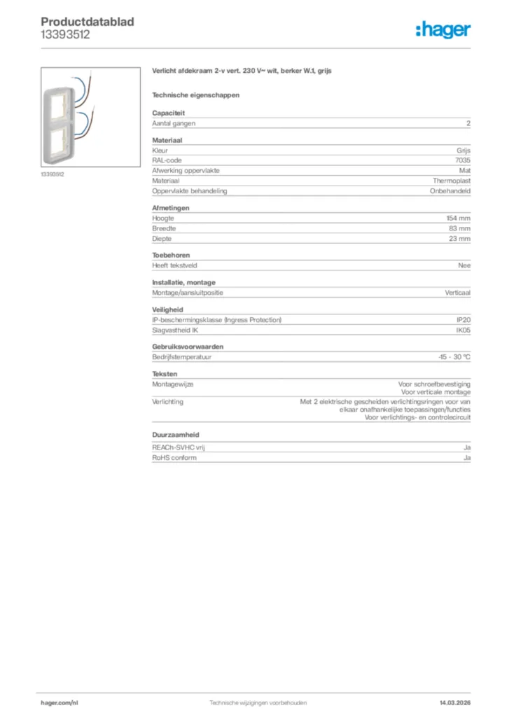 Afbeelding Hager Productdatablad 13393512 | Hager Nederland