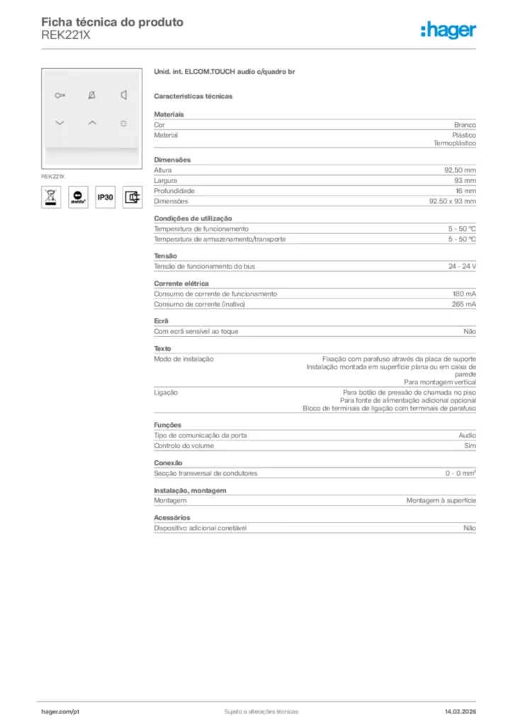Imagem Hager Ficha técnica do produto REK221X | Hager Portugal