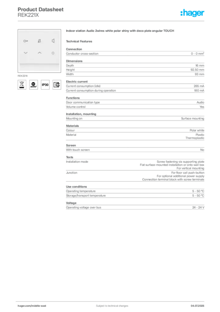 Image Hager Product data sheet REK221X  | Hager