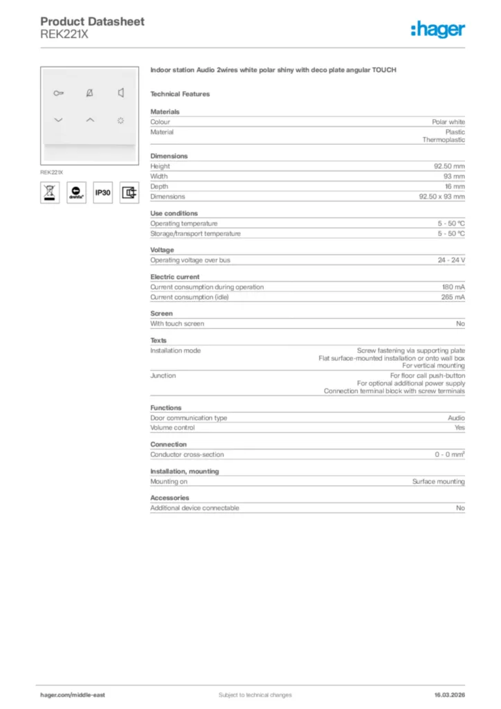 Image Hager Product data sheet REK221X  | Hager