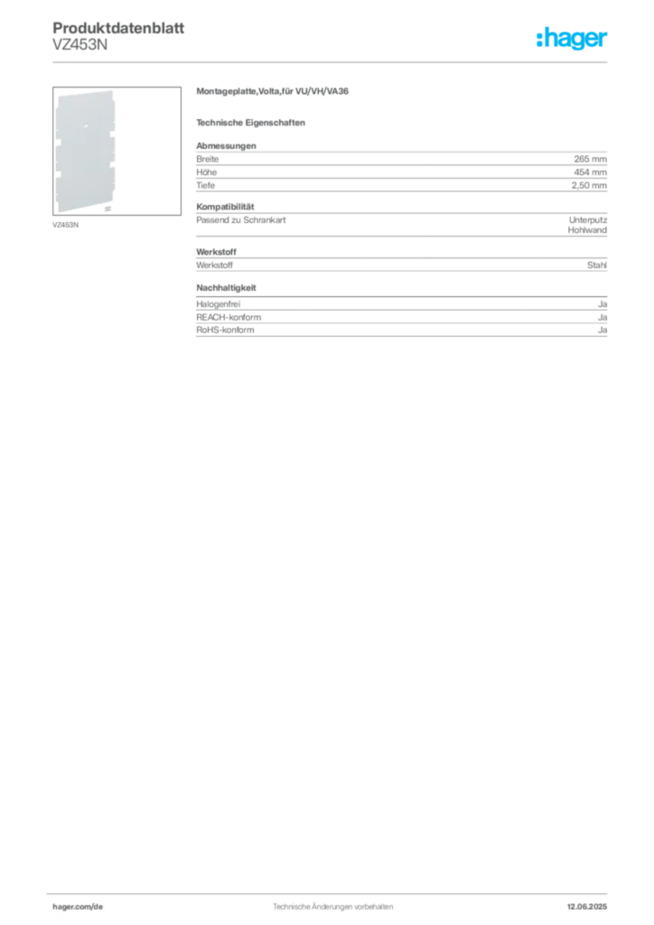 Hager Produktdatenblatt VZ453N