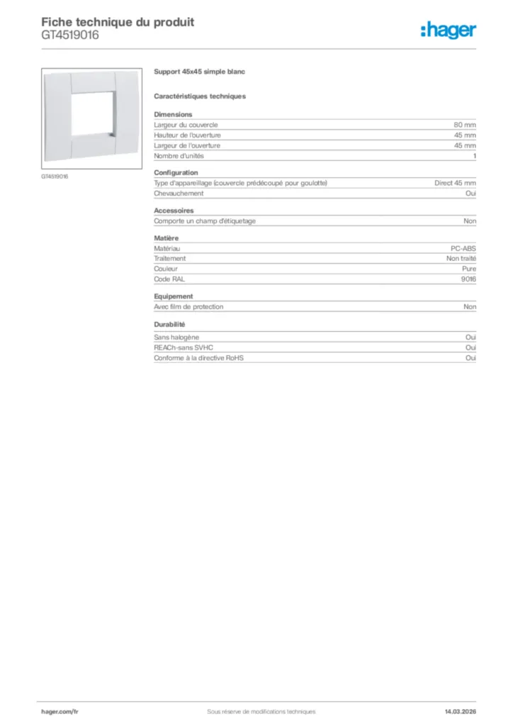 Image Hager Fiche technique du produit GT4519016 | Hager France