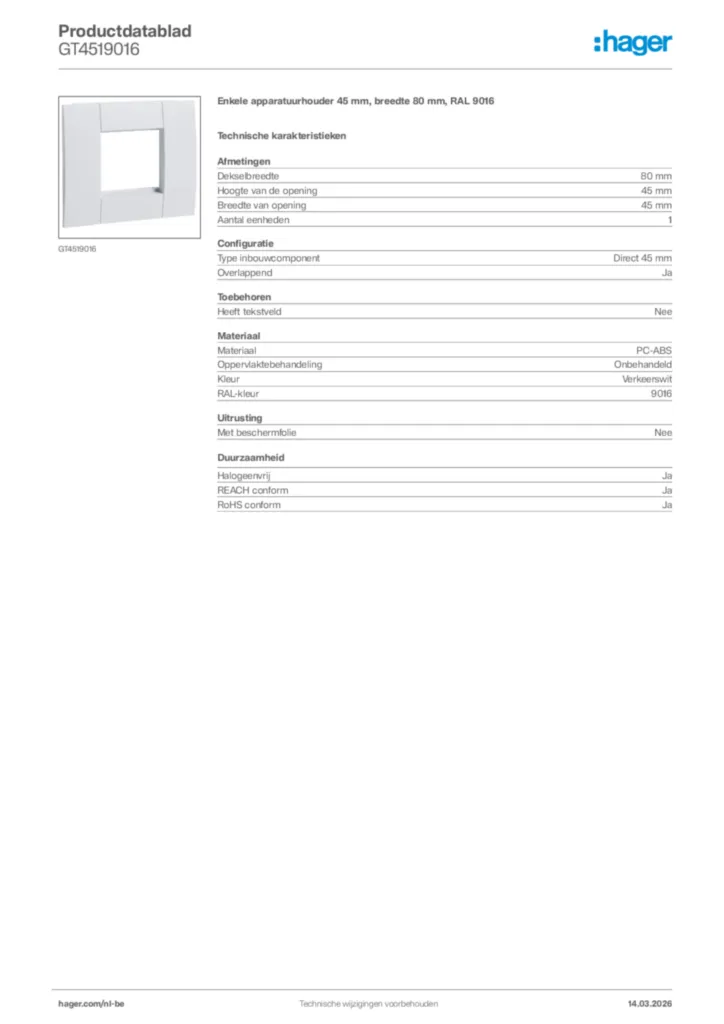 Afbeelding Hager Productdatablad GT4519016 | Hager Belgium