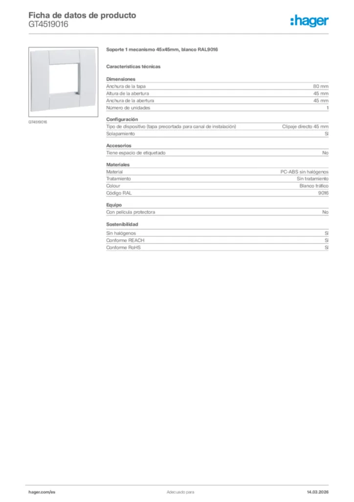 Imagen Hager Ficha de datos de producto GT4519016 | Hager España