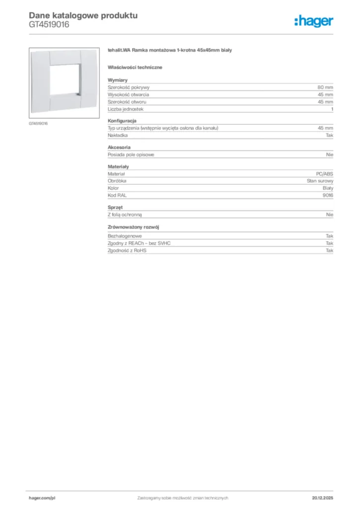 Zdjęcie Hager Dane katalogowe produktu GT4519016 | Hager Polska