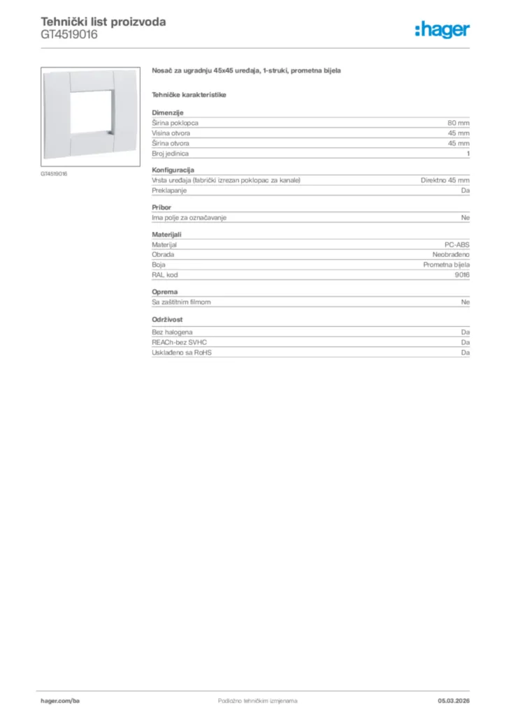 Slika Hager Tehnički list proizvoda GT4519016  | Hager