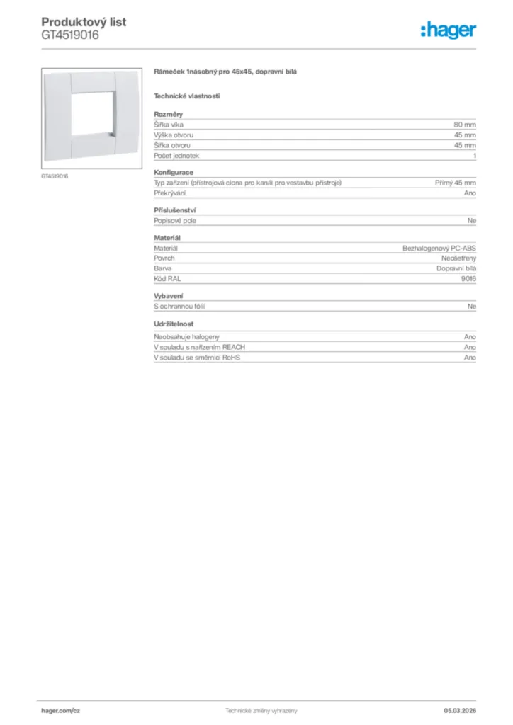 Obrázek Hager Product data sheet GT4519016 | Hager