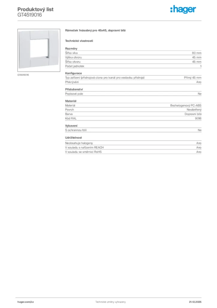 Obrázek Hager Produktový list GT4519016 | Hager