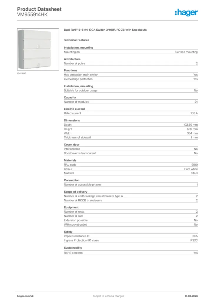 Image Hager Product data sheet VM955914HK  | Hager