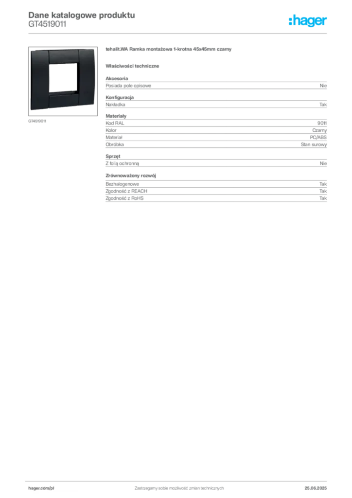 Zdjęcie Hager Dane katalogowe produktu GT4519011 | Hager Polska
