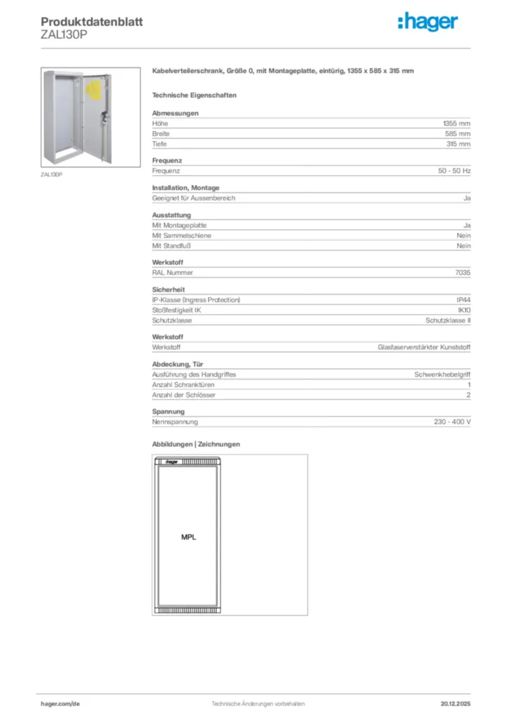Bild Hager Produktdatenblatt ZAL130P | Hager Deutschland