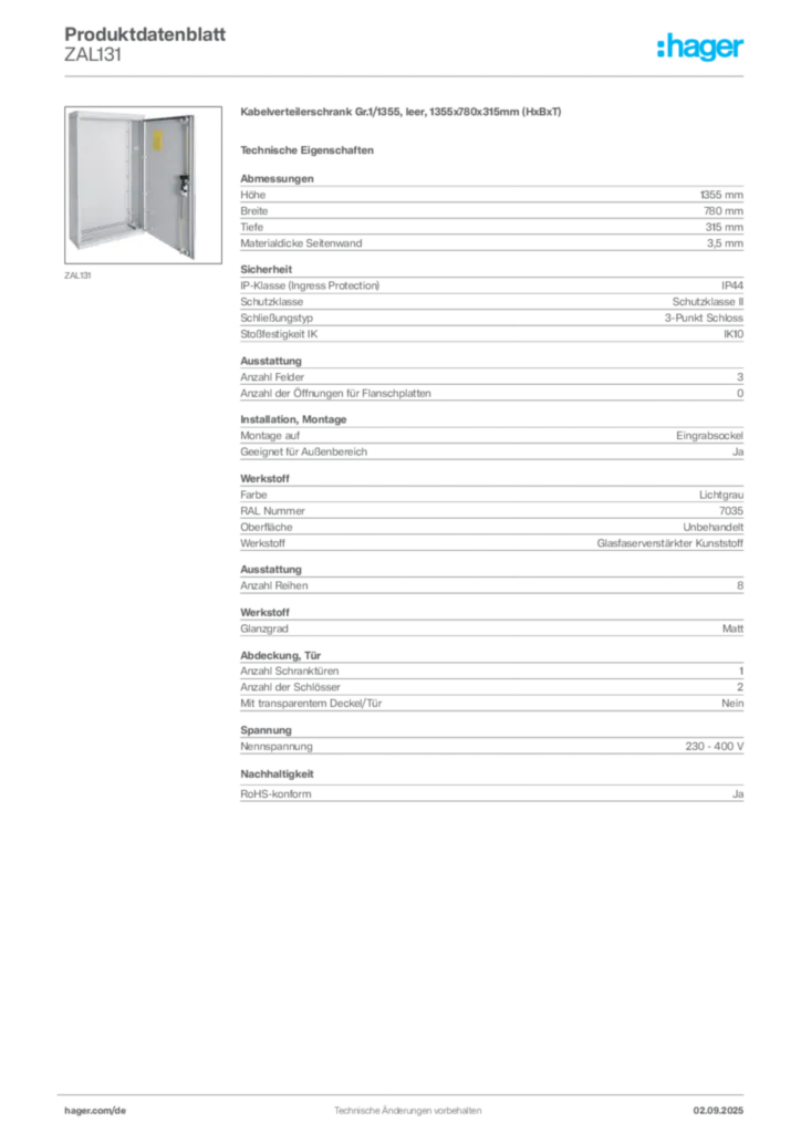 Hager Produktdatenblatt ZAL131