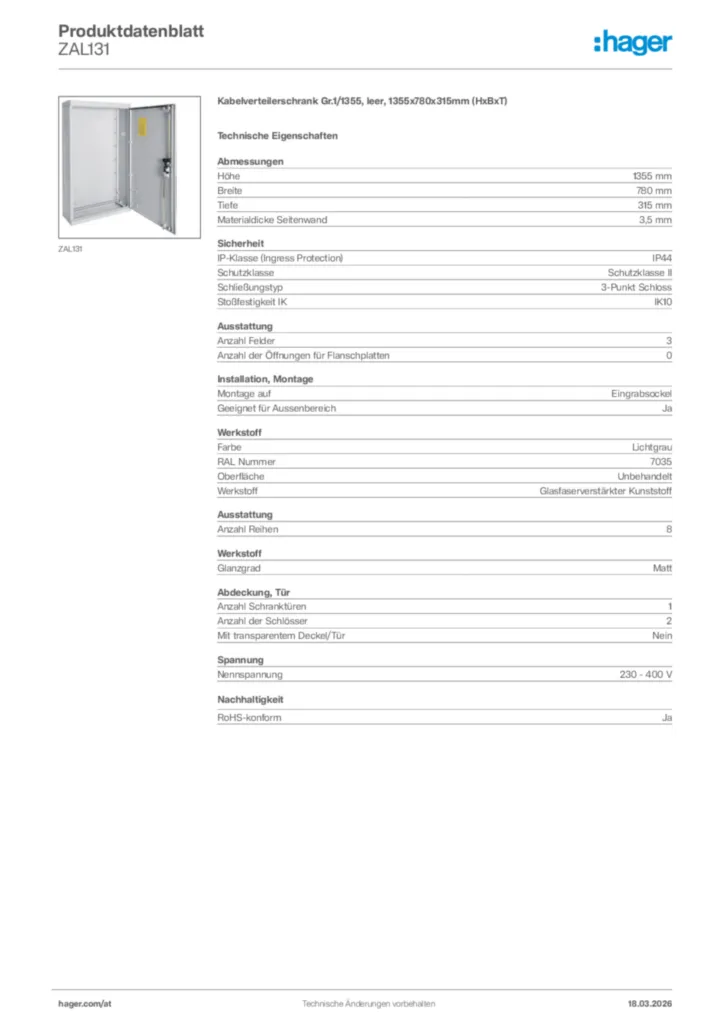 Bild Hager Produktdatenblatt ZAL131 | Hager Deutschland