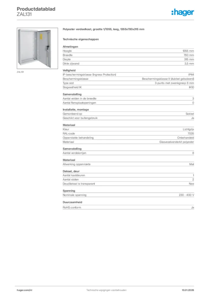 Afbeelding Hager Productdatablad ZAL131 | Hager Nederland
