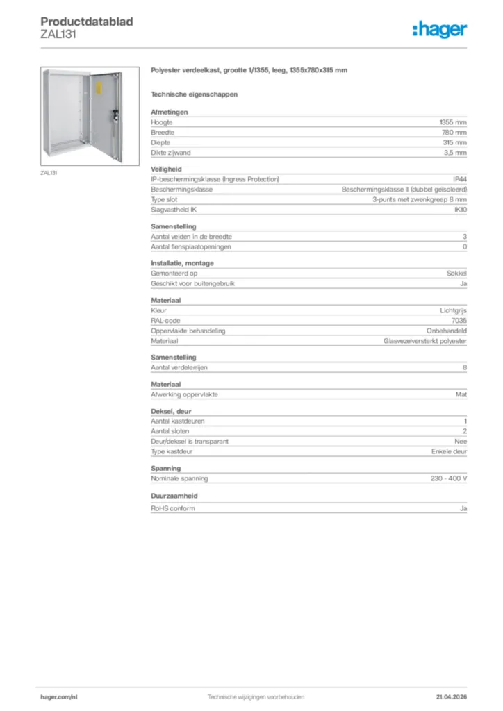 Afbeelding Hager Productdatablad ZAL131 | Hager Nederland