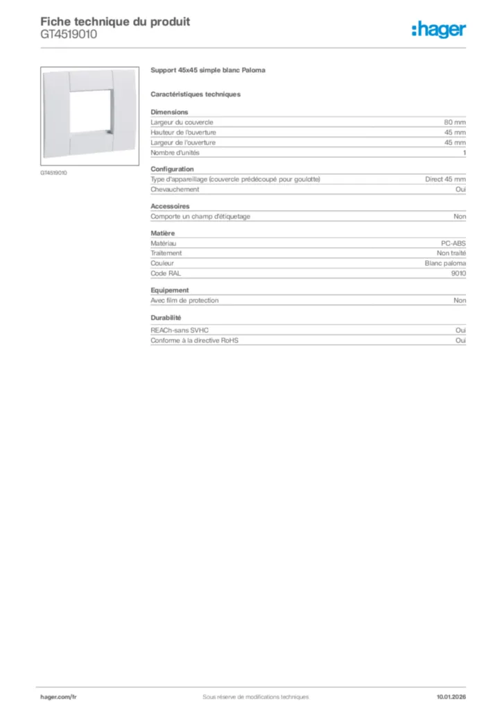 Image Hager Fiche technique du produit GT4519010 | Hager France