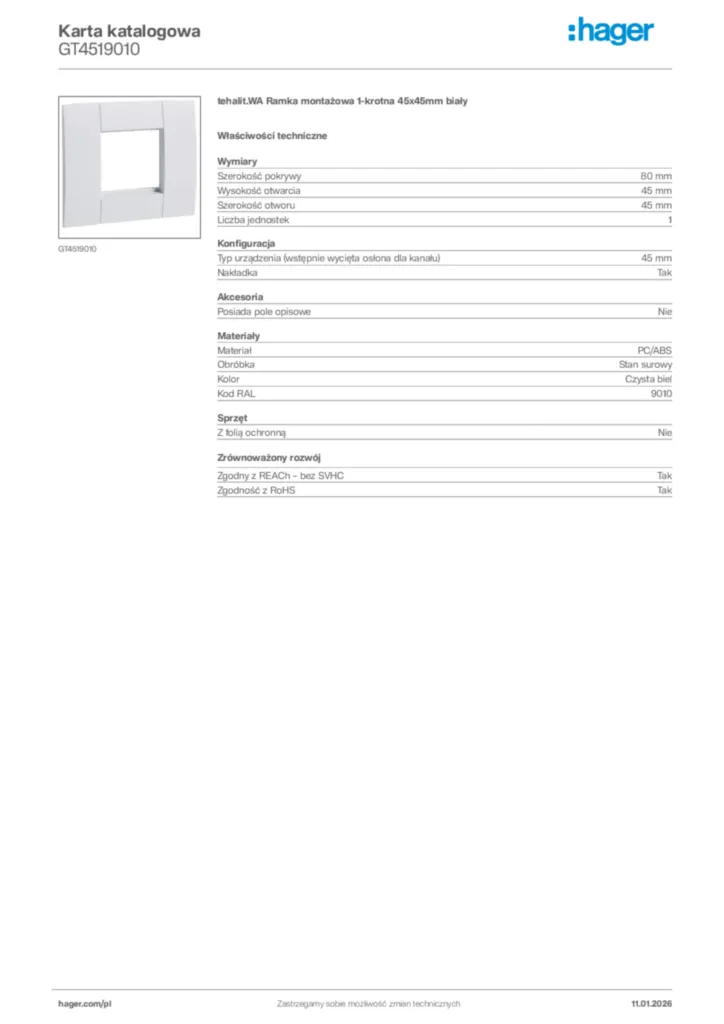 Zdjęcie Hager Karta katalogowa GT4519010 | Hager Polska