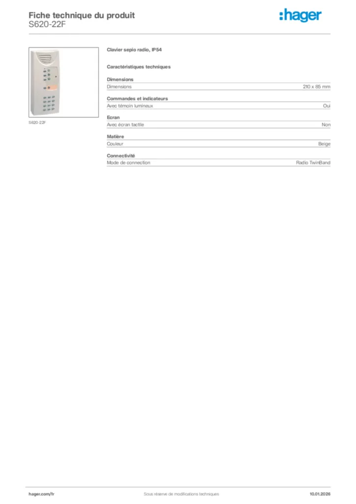 Image Hager Fiche technique du produit S620-22F | Hager France