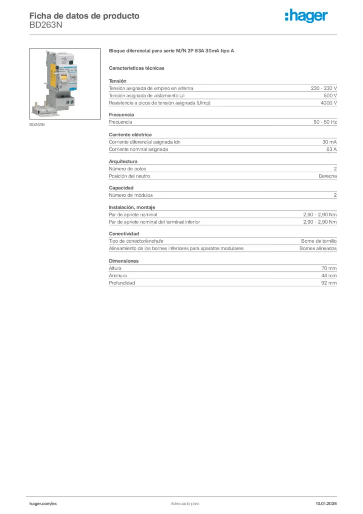 Imagen Hager Ficha de datos de producto BD263N | Hager España