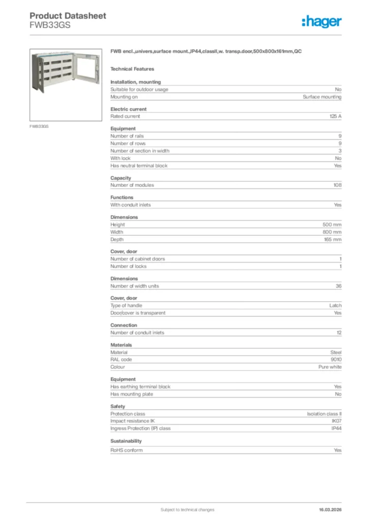 Image Hager Product data sheet FWB33GS  | Hager Africa