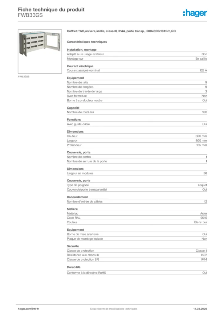 Image Hager Fiche technique du produit FWB33GS | Hager Afrique