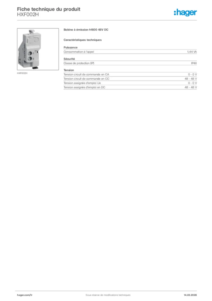 Image Hager Fiche technique du produit HXF002H | Hager France