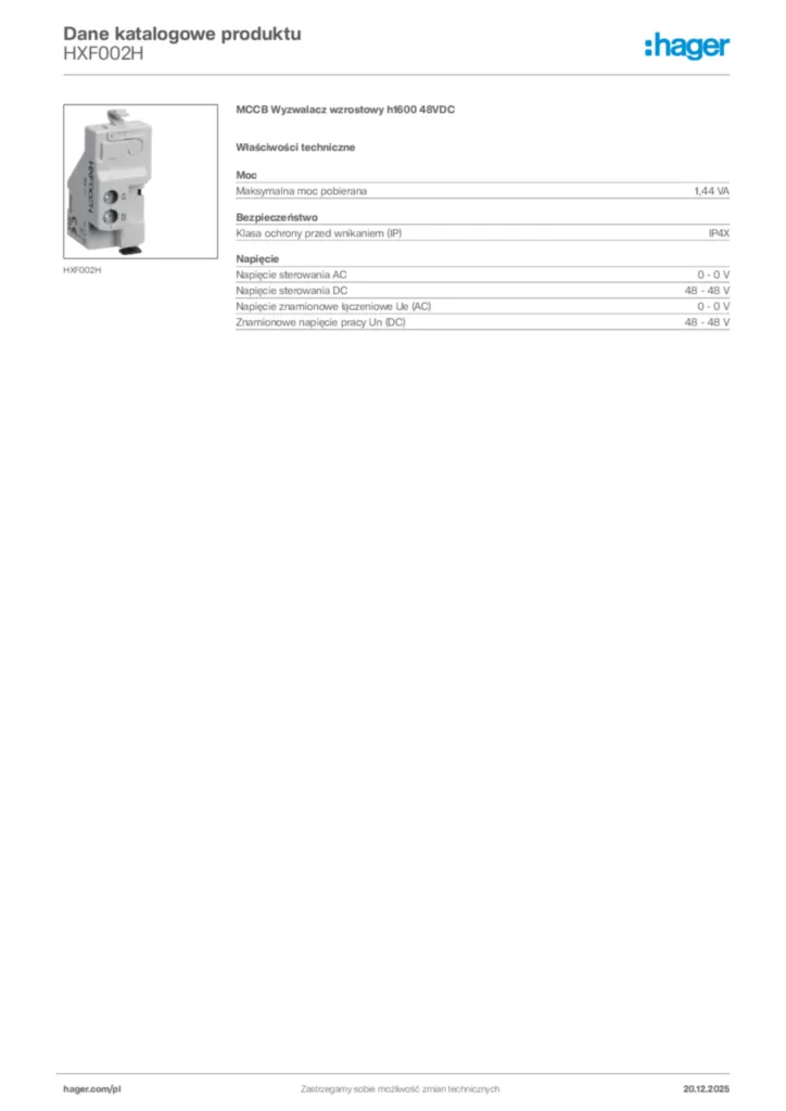 Zdjęcie Hager Dane katalogowe produktu HXF002H | Hager Polska