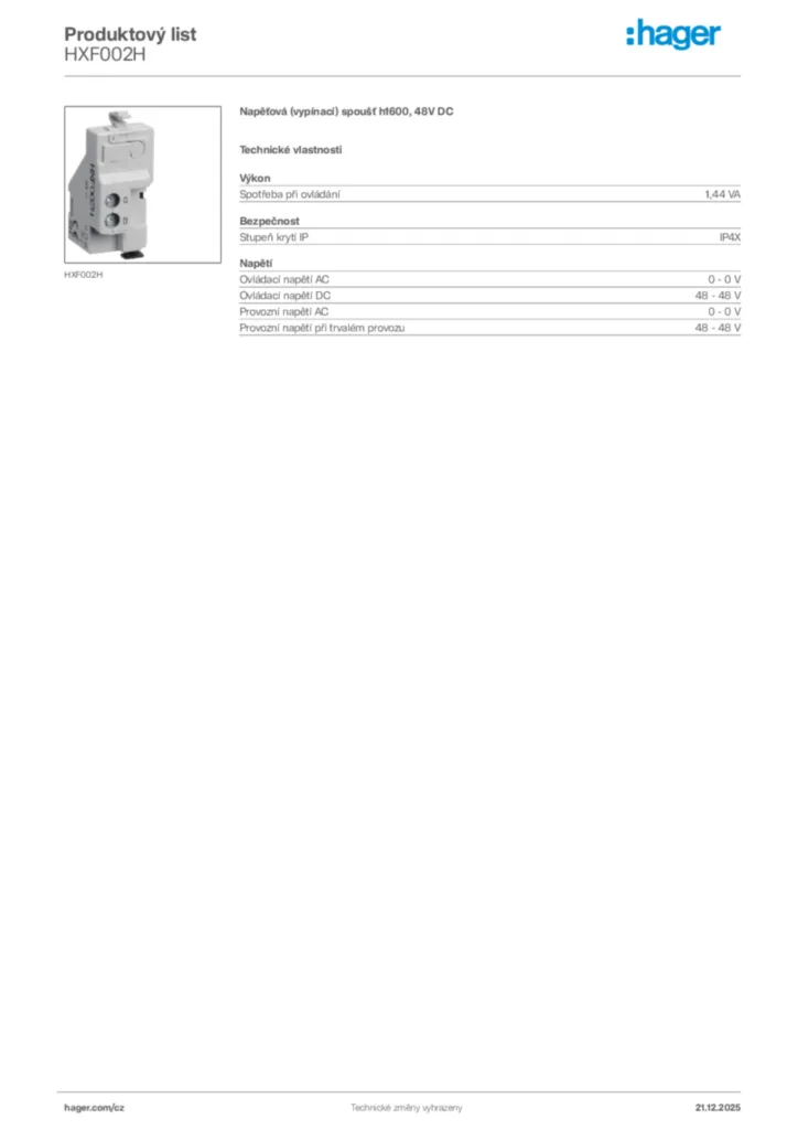 Obrázek Hager Produktový list HXF002H | Hager