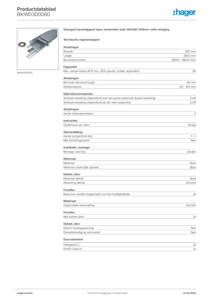 Afbeelding Hager Productdatablad BKWD300060 | Hager Nederland
