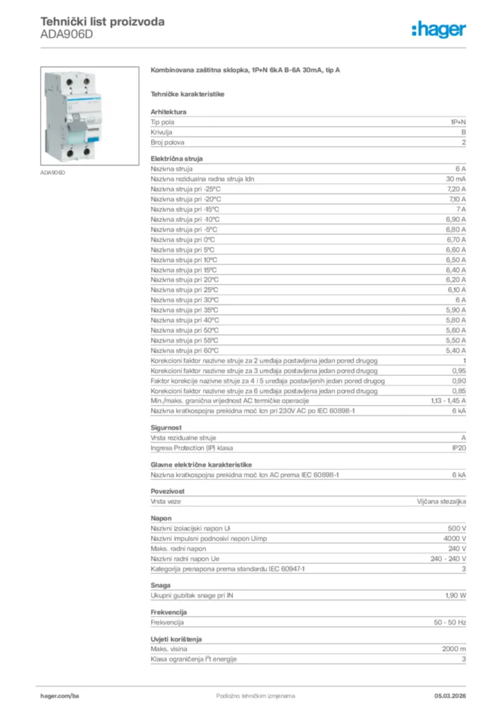 Slika Hager Tehnički list proizvoda ADA906D  | Hager