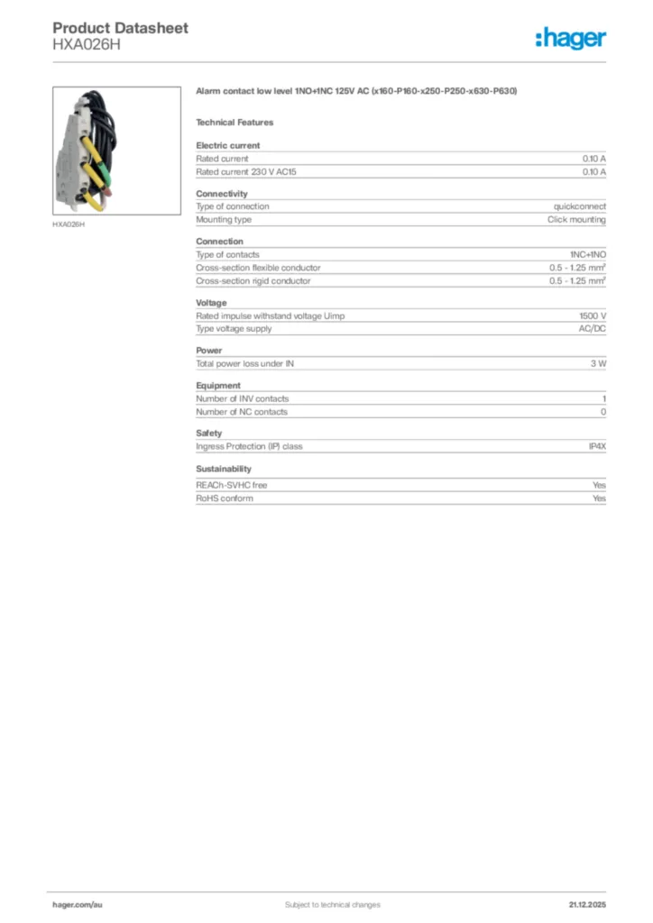 Image Hager Product data sheet HXA026H  | Hager Australia