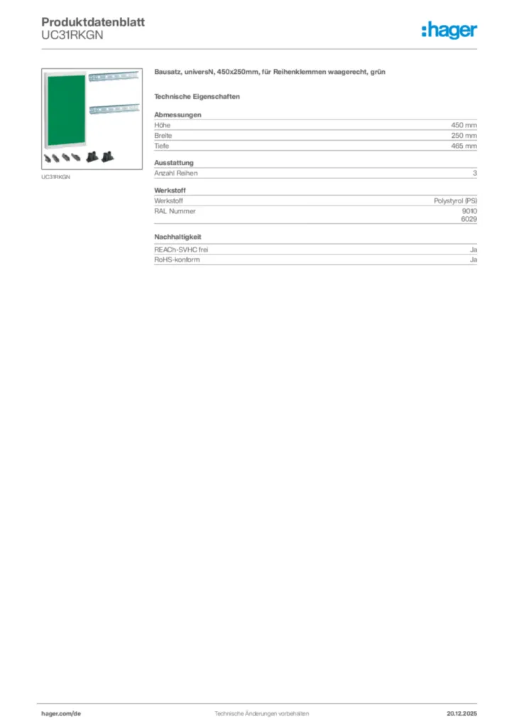 Bild Hager Produktdatenblatt UC31RKGN | Hager Deutschland