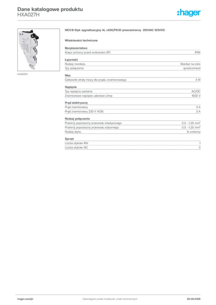 Zdjęcie Hager Dane katalogowe produktu HXA027H | Hager Polska
