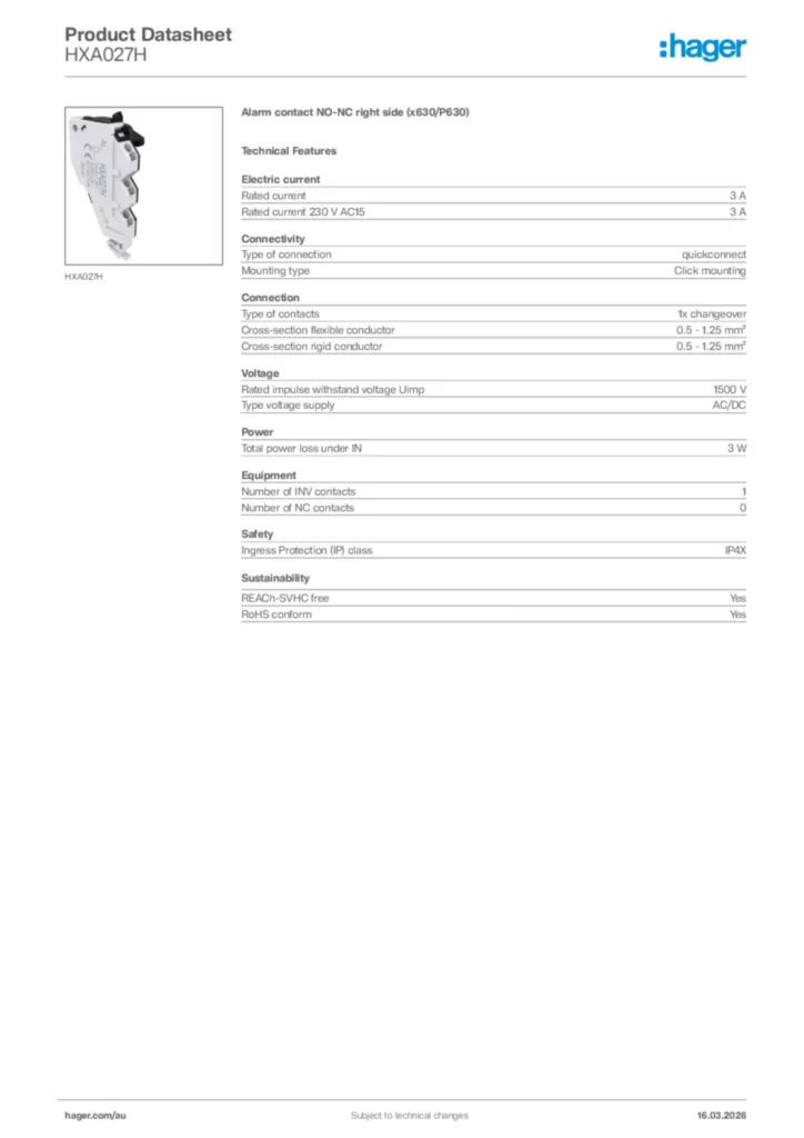 Image Hager Product data sheet HXA027H  | Hager Australia