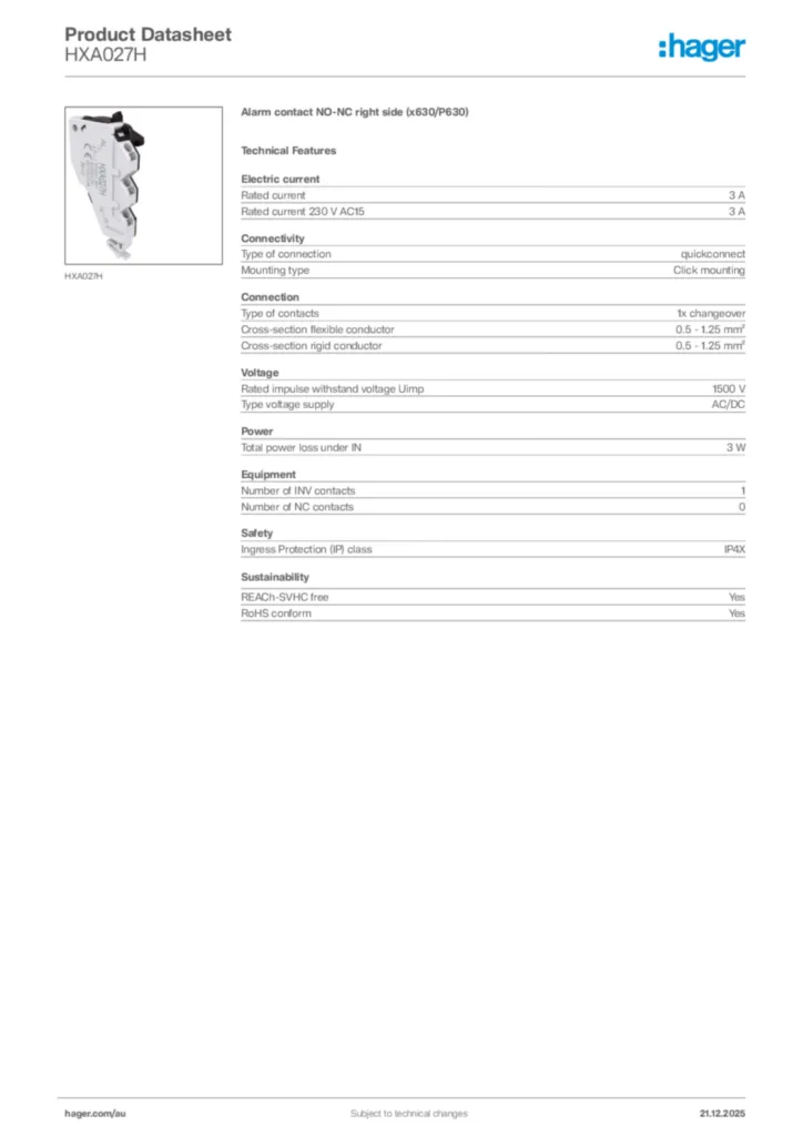 Image Hager Product data sheet HXA027H  | Hager Australia