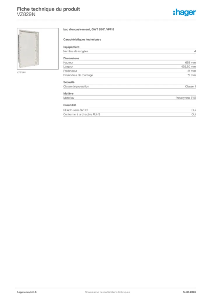 Image Hager Fiche technique du produit VZ829N | Hager Afrique