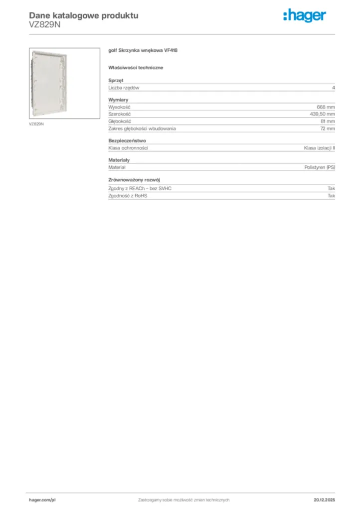 Zdjęcie Hager Dane katalogowe produktu VZ829N | Hager Polska